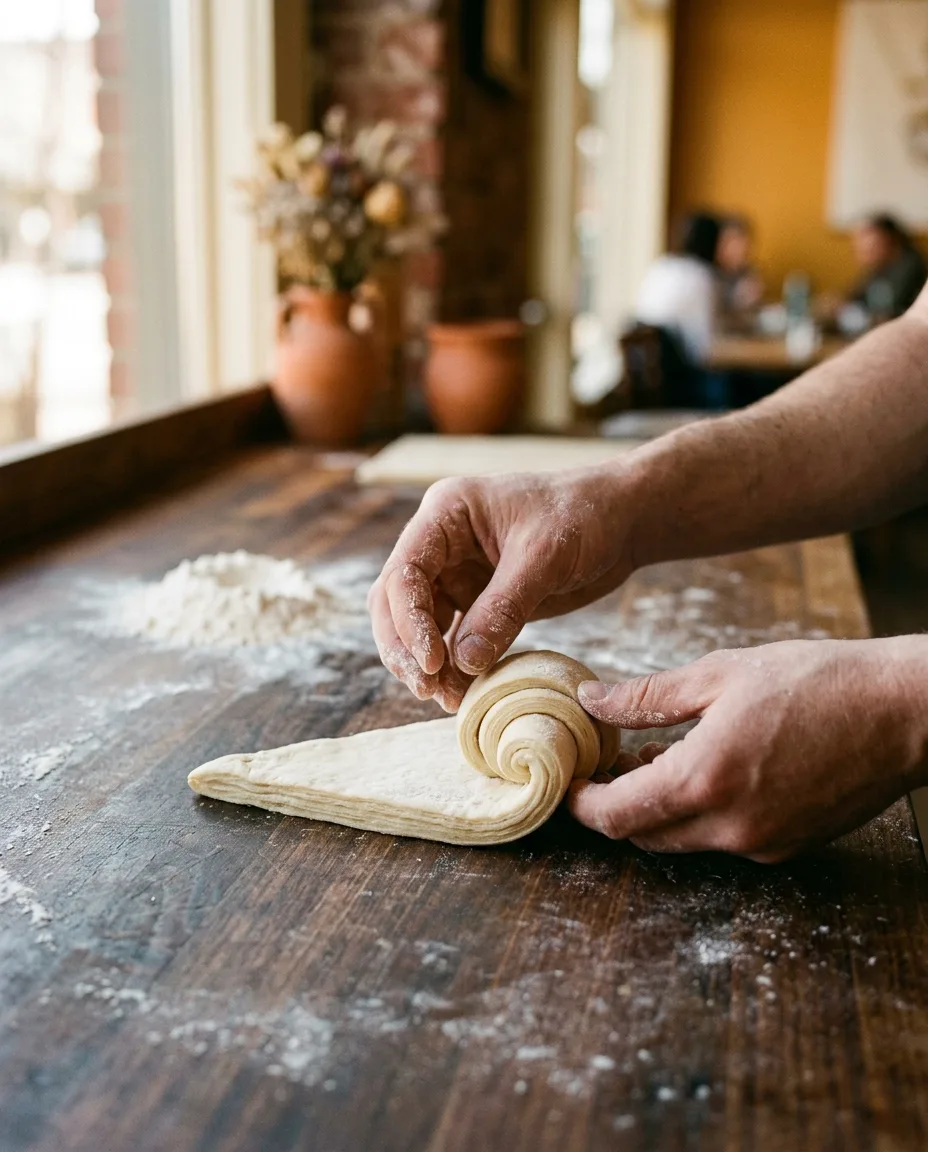 Floured hands shaping croissant dough on a wooden bench, early morning