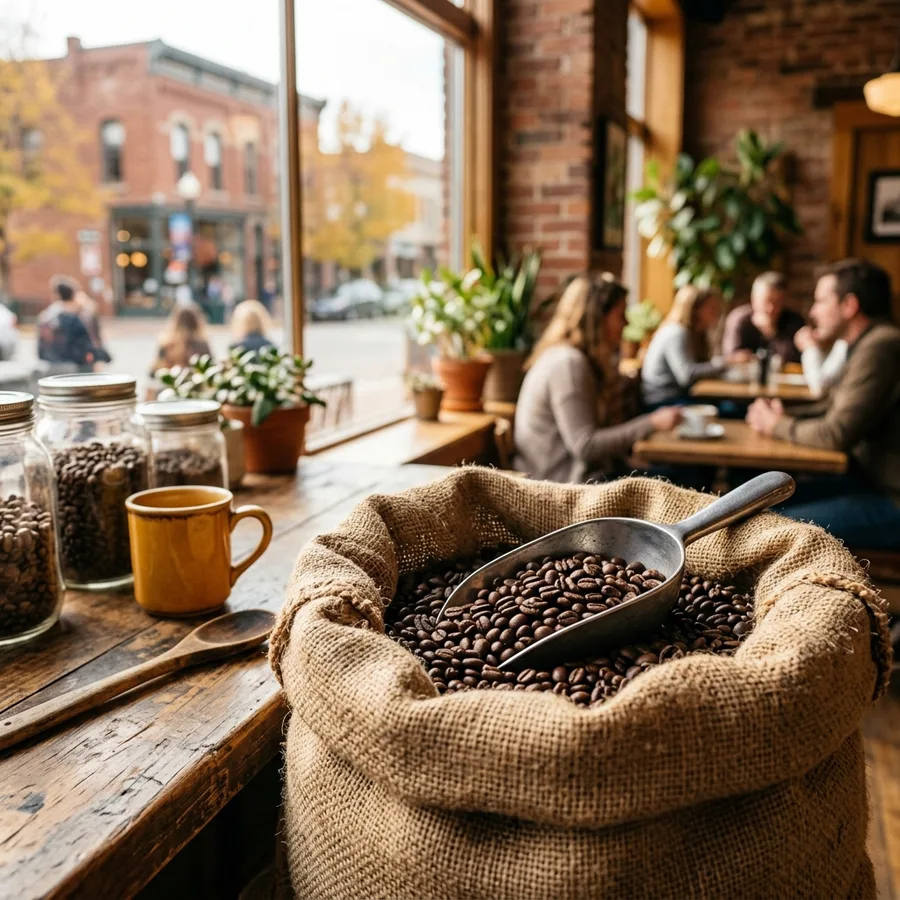 A scoop of dark roasted coffee beans over an unlabeled burlap sack, warm light