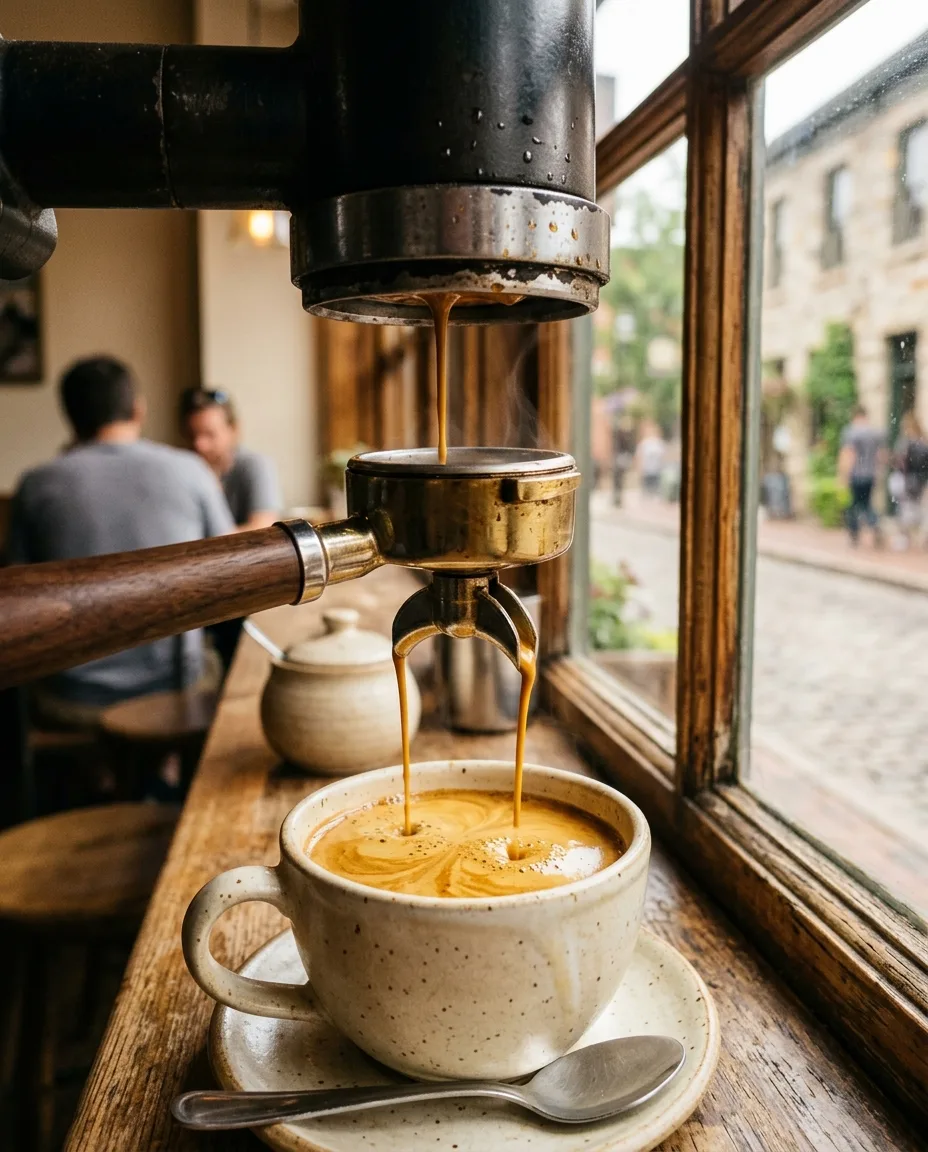 Close-up of espresso pouring from a portafilter into a cream ceramic cup, crema forming, warm light
