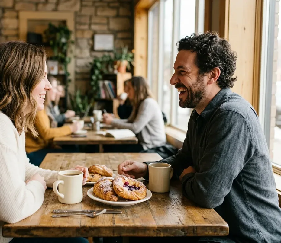 A small wooden table by a window, mugs of coffee and a plate of pastries on it