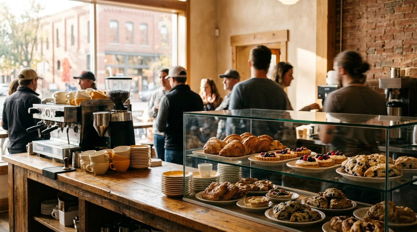A cafe counter in warm morning light, the glass pastry case full of croissants, scones and fruit tarts, cups stacked