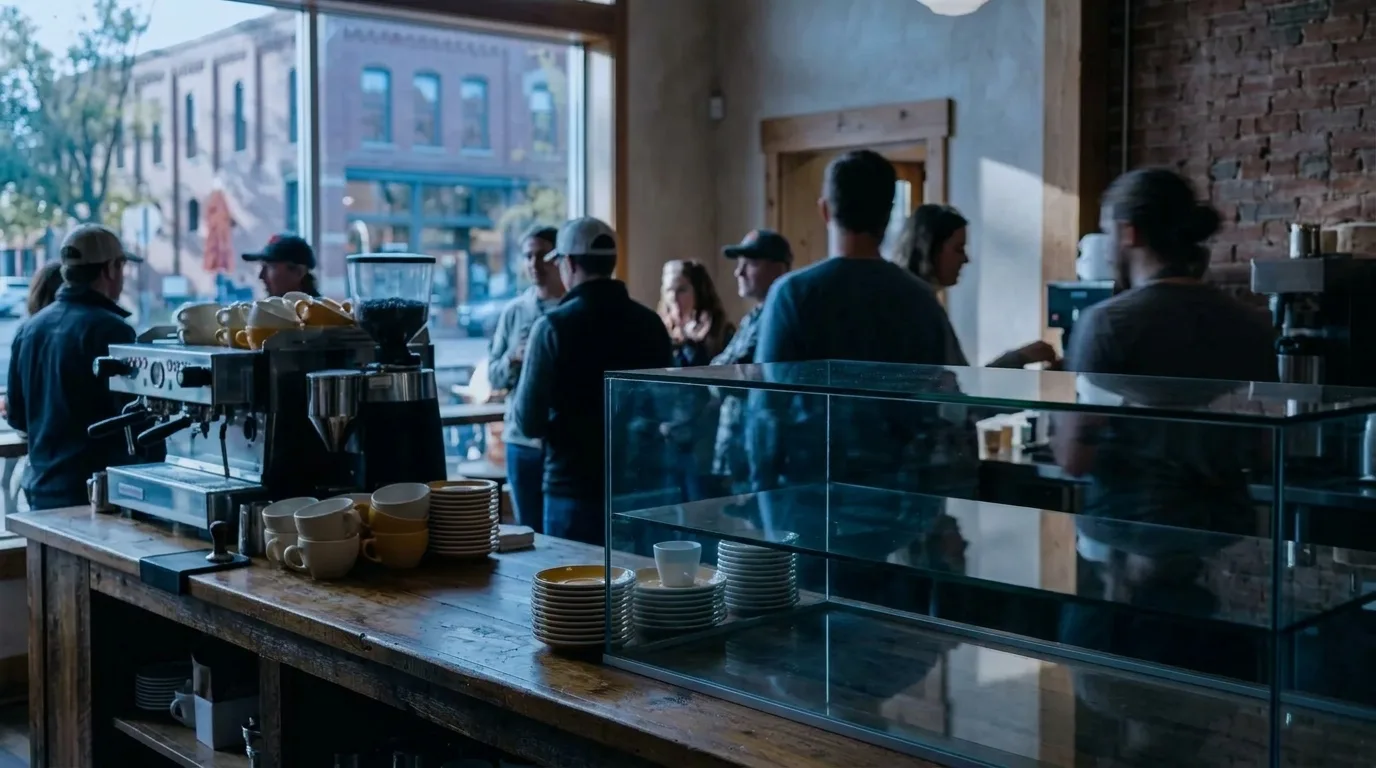 The same counter in dim blue early light, the glass pastry case empty