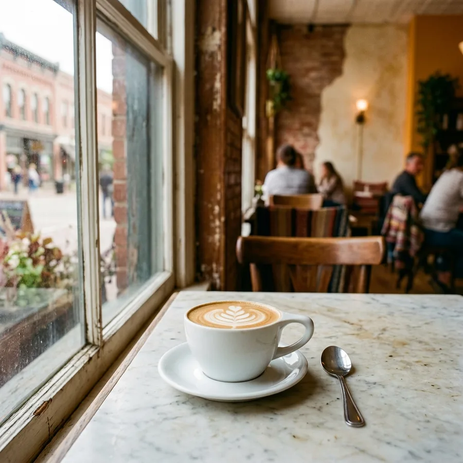 A latte with a rosetta on a saucer on a marble table, a spoon beside it