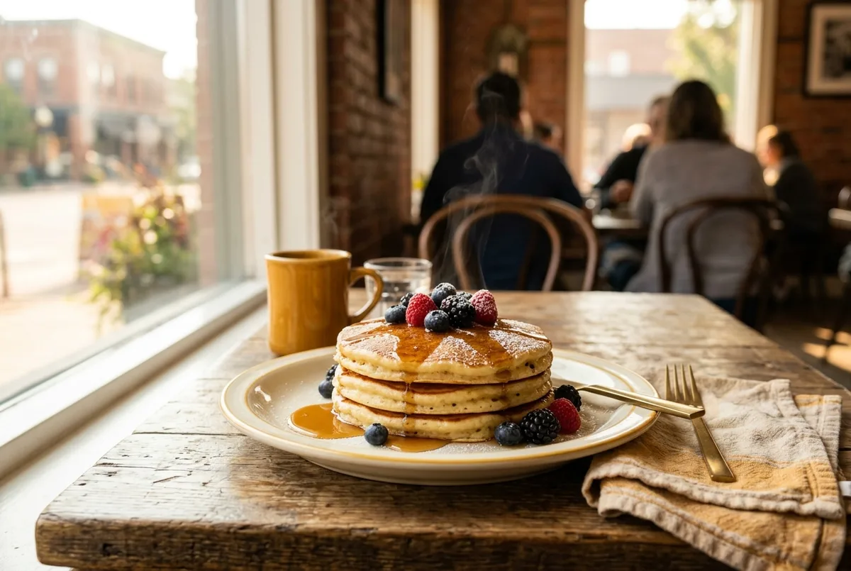 A short stack of pancakes with berries and syrup on a cream plate, steam, morning window light