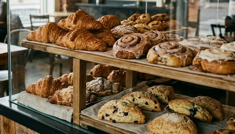 Trays of croissants, cinnamon rolls and scones on the shelves of a glass pastry case