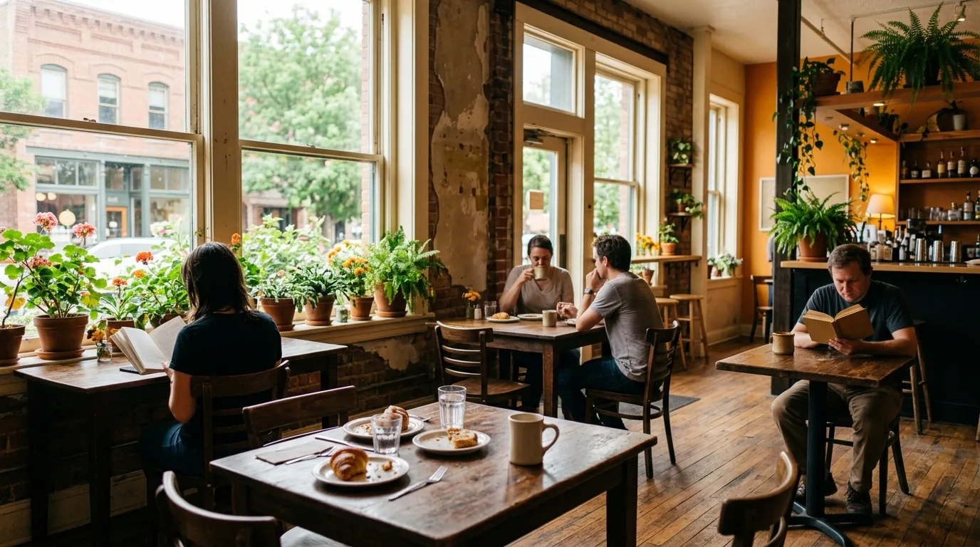 A cafe room in morning light with wooden tables and plants in the windows