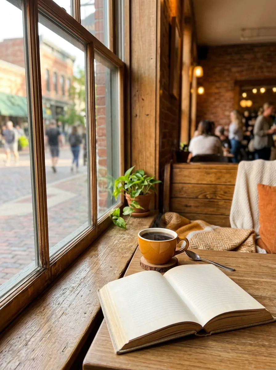 A window seat with a cup of coffee and an open book with blank pages, morning sun